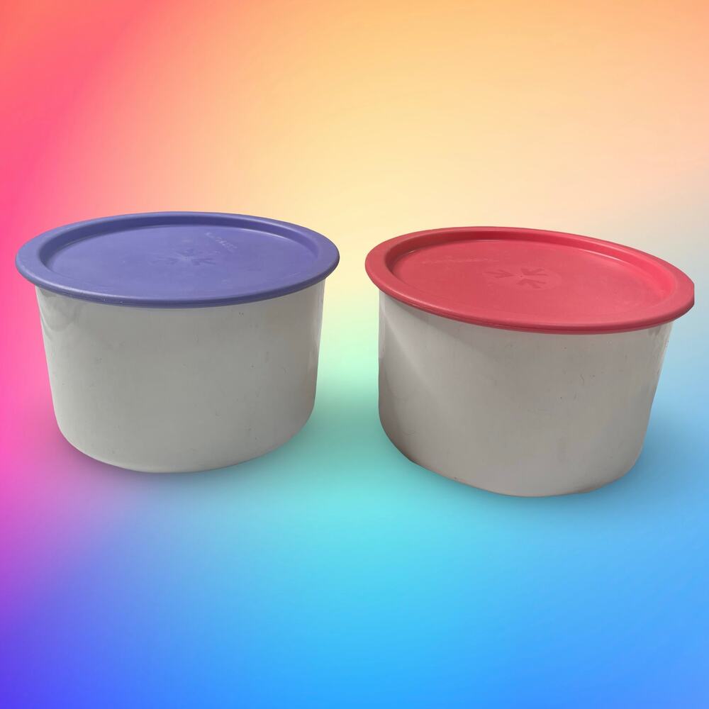 Tupperware One Touch Canister Set of 2 White 2708A Purple Pink Lid 2421A VTG